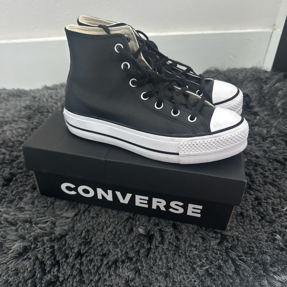 Black leather high top Converse